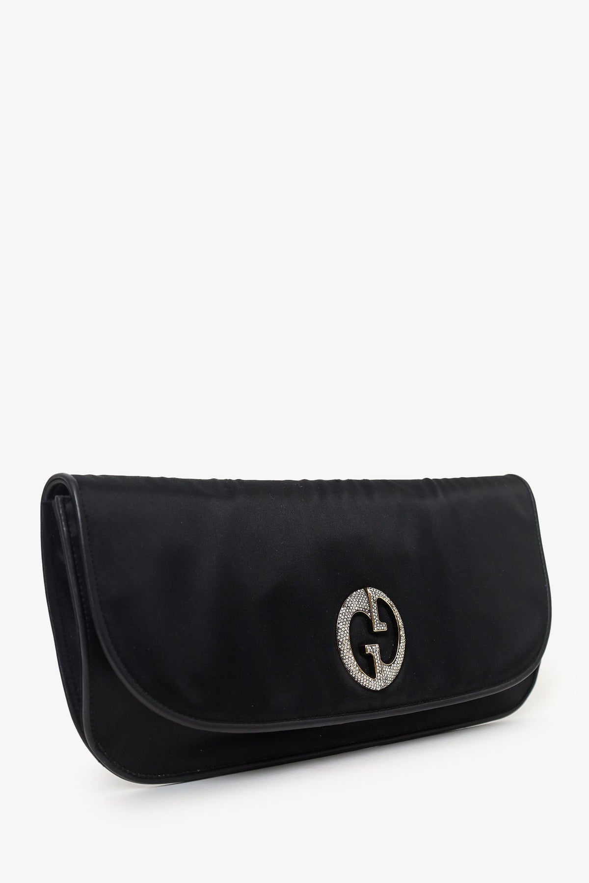 Gucci Black Satin Diamante Embellished 1973 'GG' Clutch