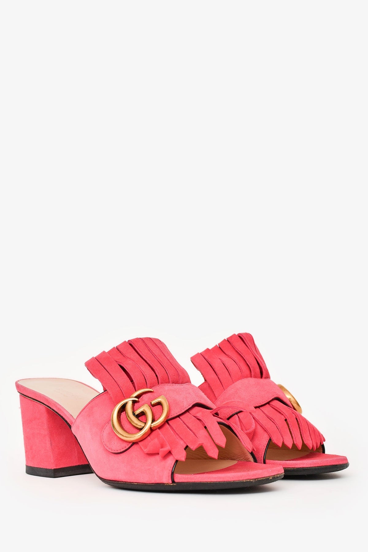 Gucci Pink Suede Leather Galassia GG Marmont Fringe Sandals Size 38