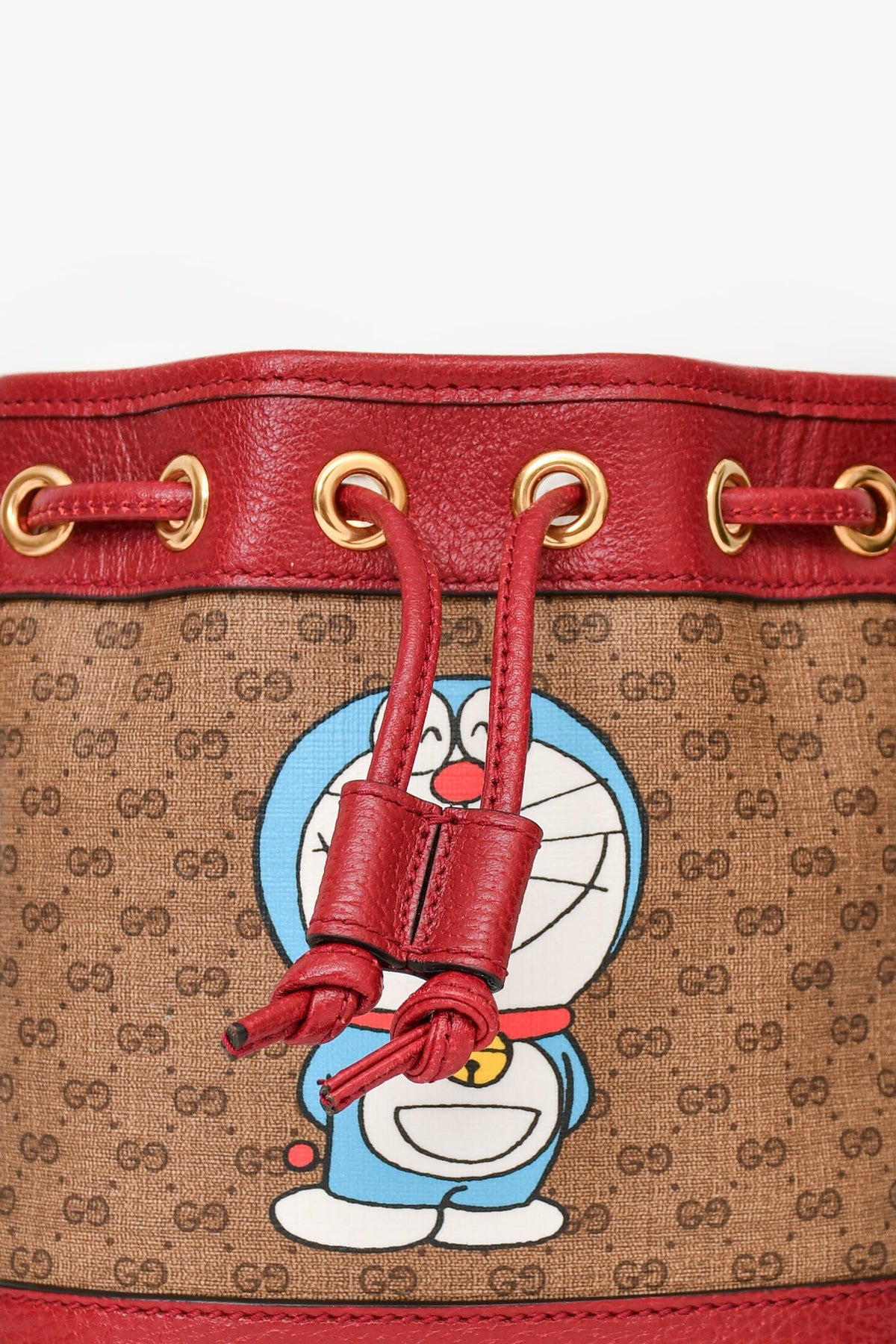 Gucci X Doreamon Brown/Red Canvas/Leather GG Supreme Mini Bucket Bag