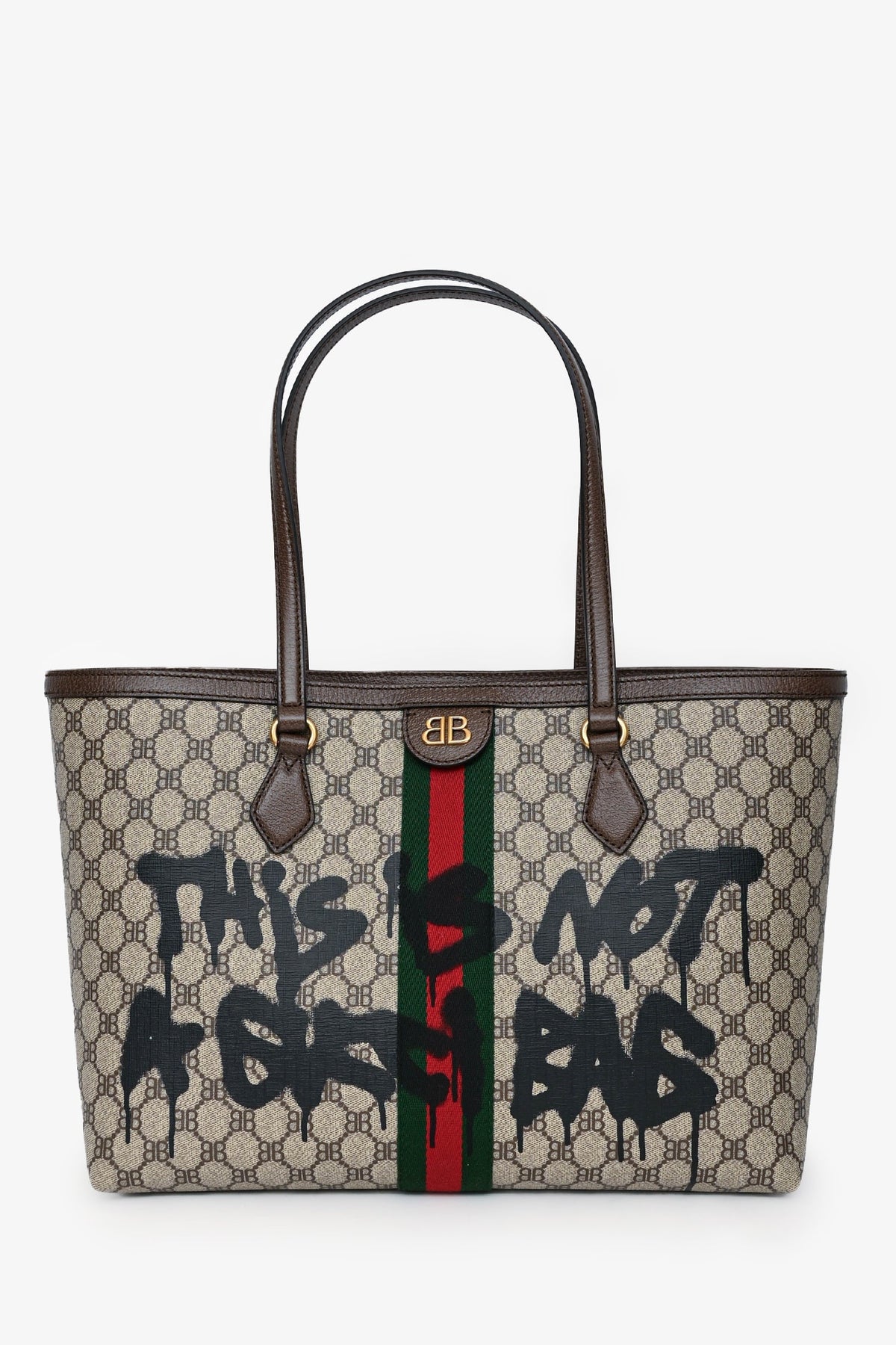Gucci X Balenciaga Brown BB Supreme Ophidia 'This is Not a Gucci Bag' Printed Shopping Tote