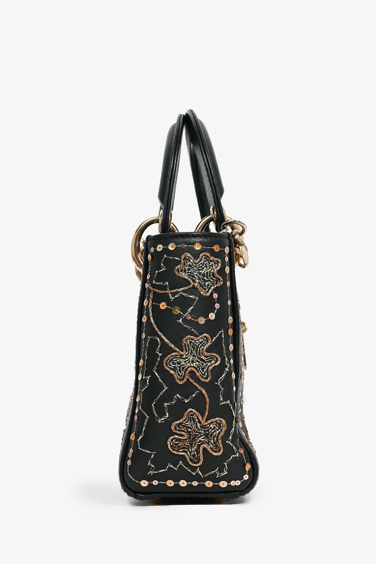 Christian Dior Black Leather Gold 'Clovers' Embroidered Mini Lady Dior