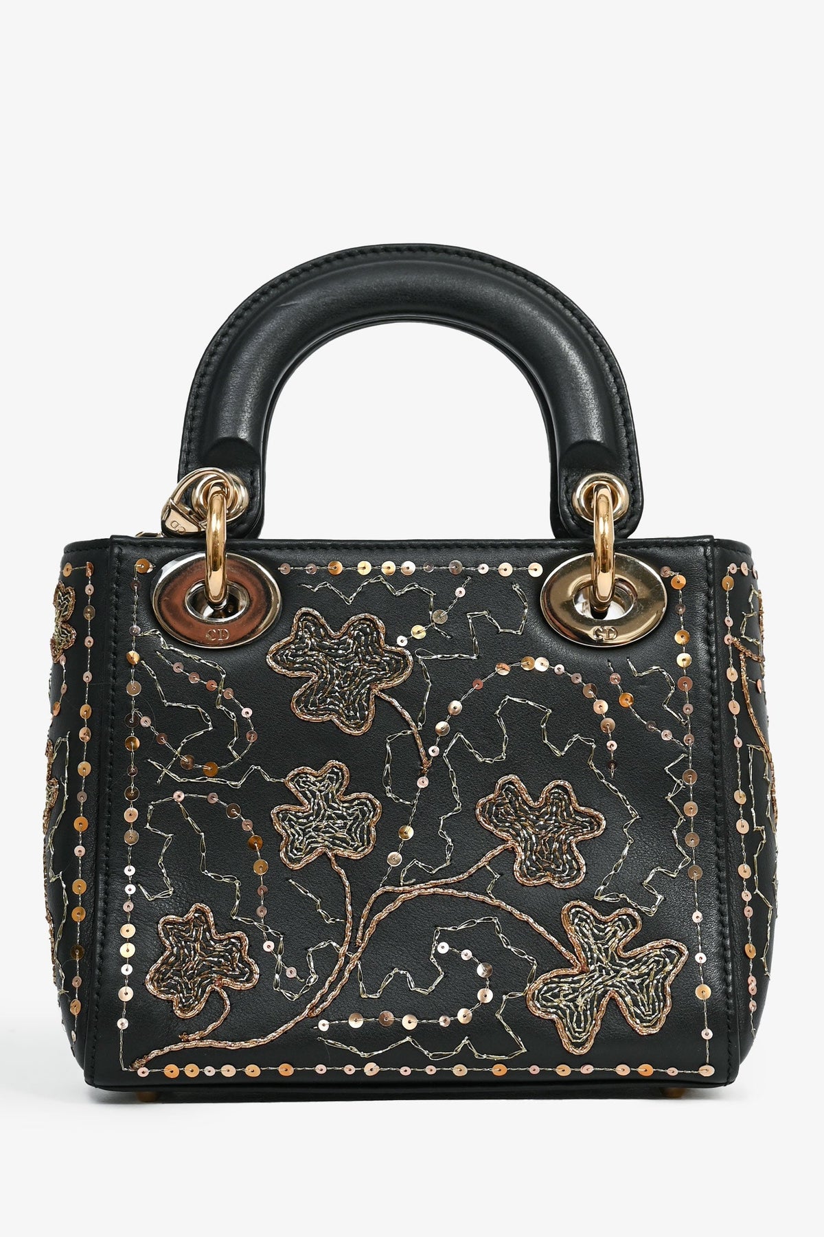 Christian Dior Black Leather Gold 'Clovers' Embroidered Mini Lady Dior