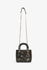 Christian Dior Black Leather Gold 'Clovers' Embroidered Mini Lady Dior