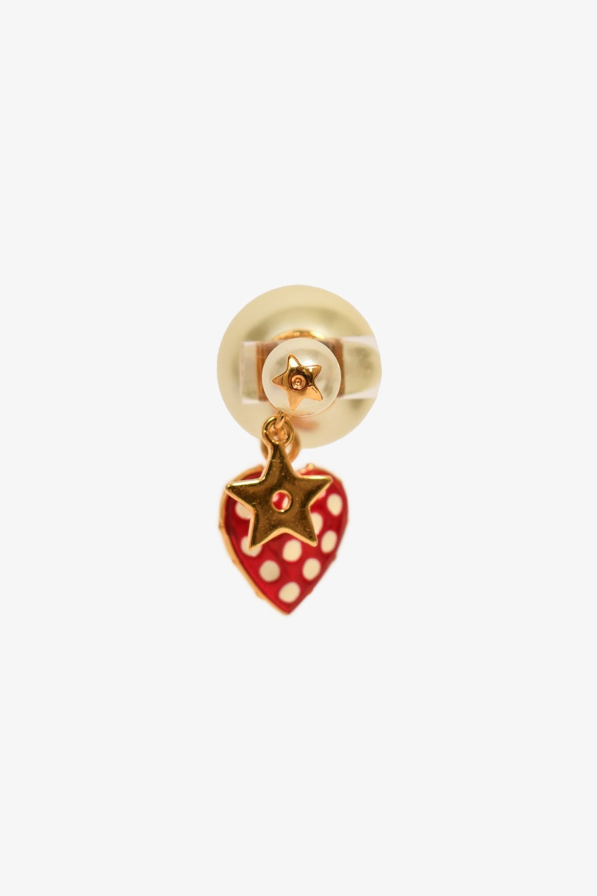 Christian Dior Gold Toned Faux Pearl Red Heart Single Tribale Earring