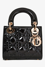 Christian Dior 2021 Black Patent Leather Mini Lady Dior Bag with Strap