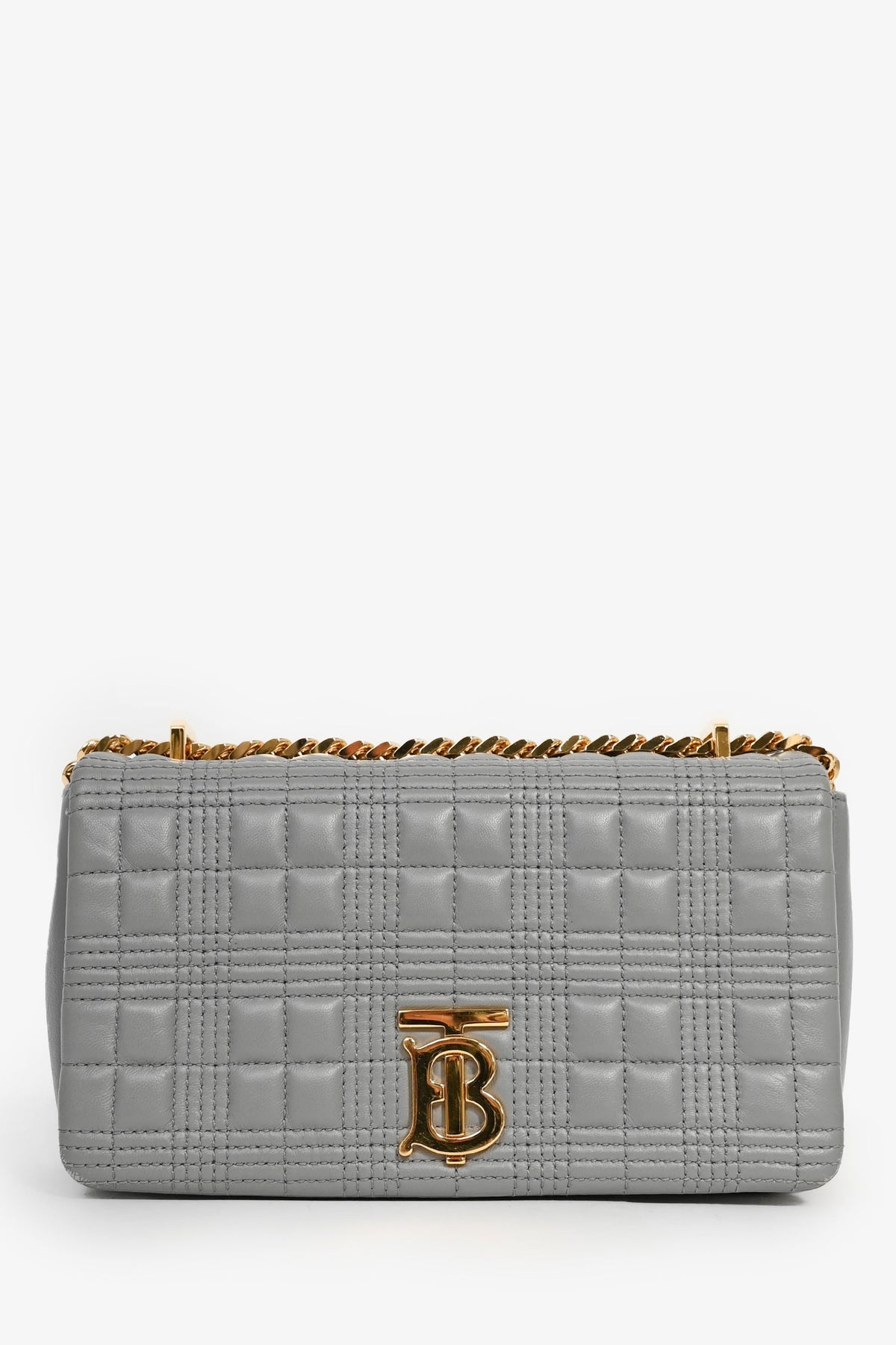 Burberry Grey Leather Quilted TB Logo Lola Flap Crossbody