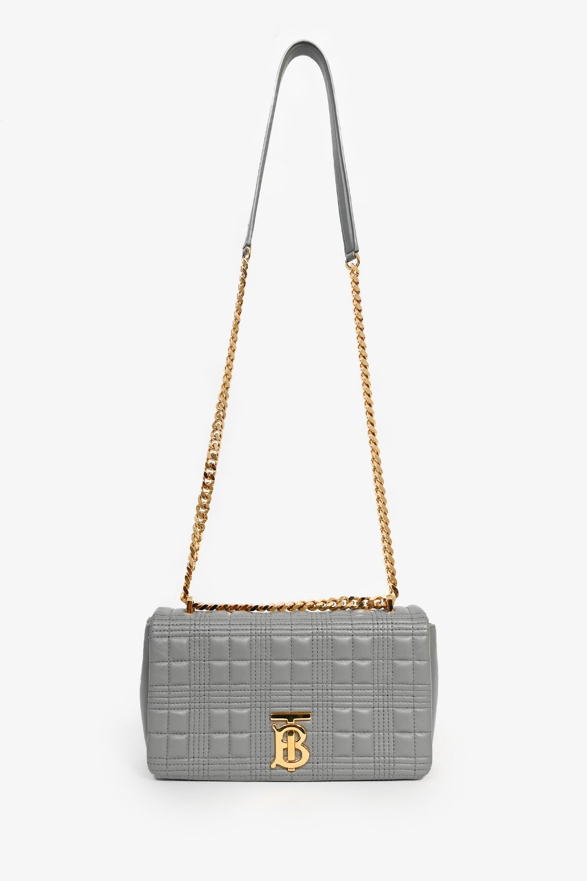 Burberry Grey Leather Quilted TB Logo Lola Flap Crossbody