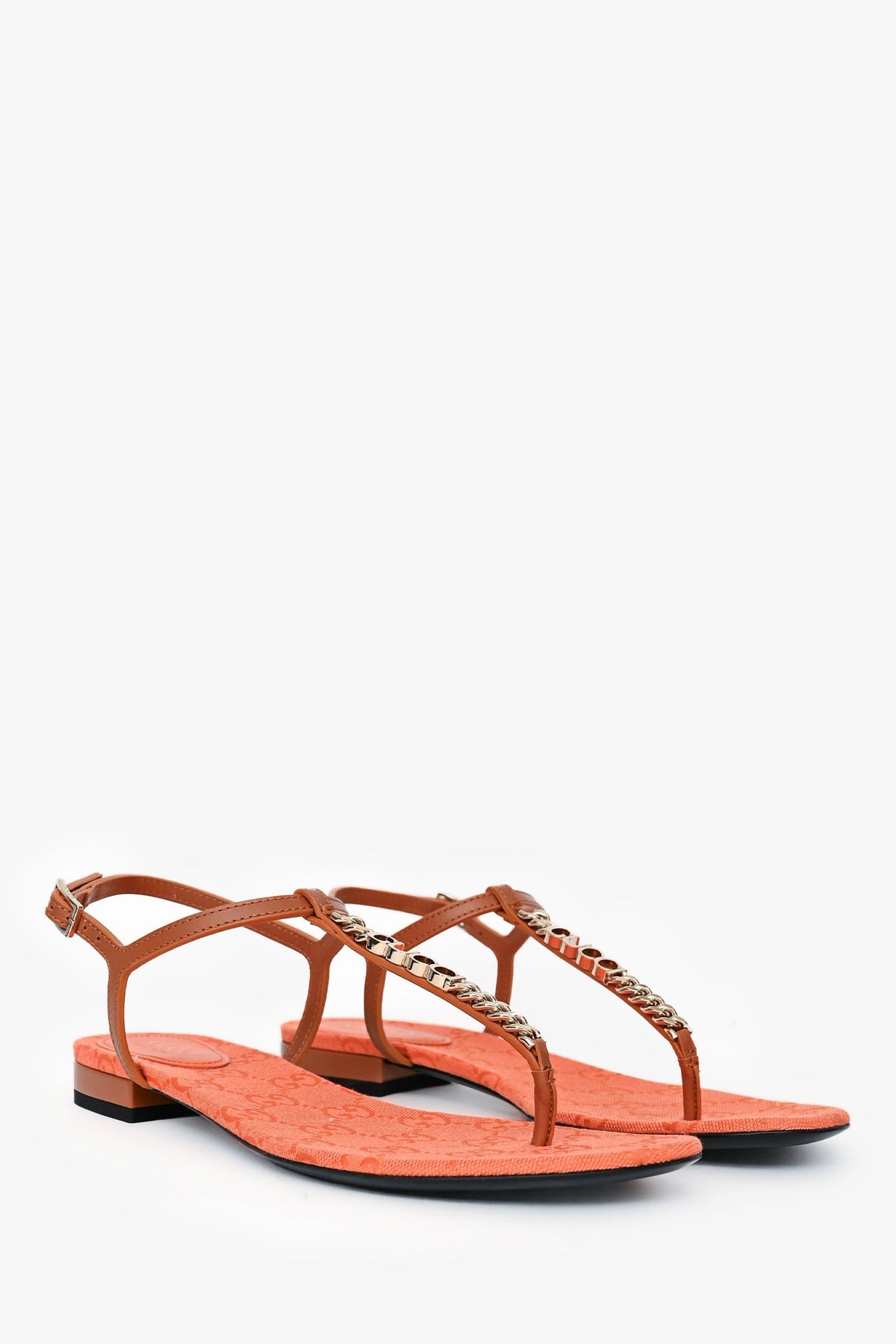 Gucci Brown/Orange Leather Chain Detailed Sandals Size 39.5
