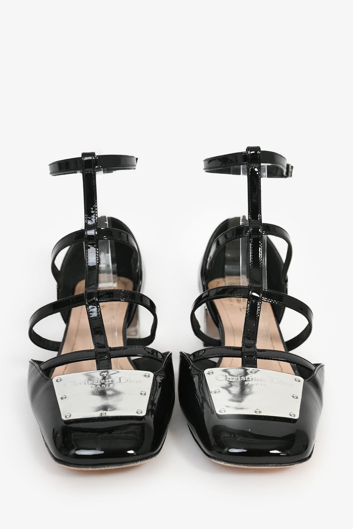 Christian Dior Black Patent T-Strap Silver Block Heels Size 37