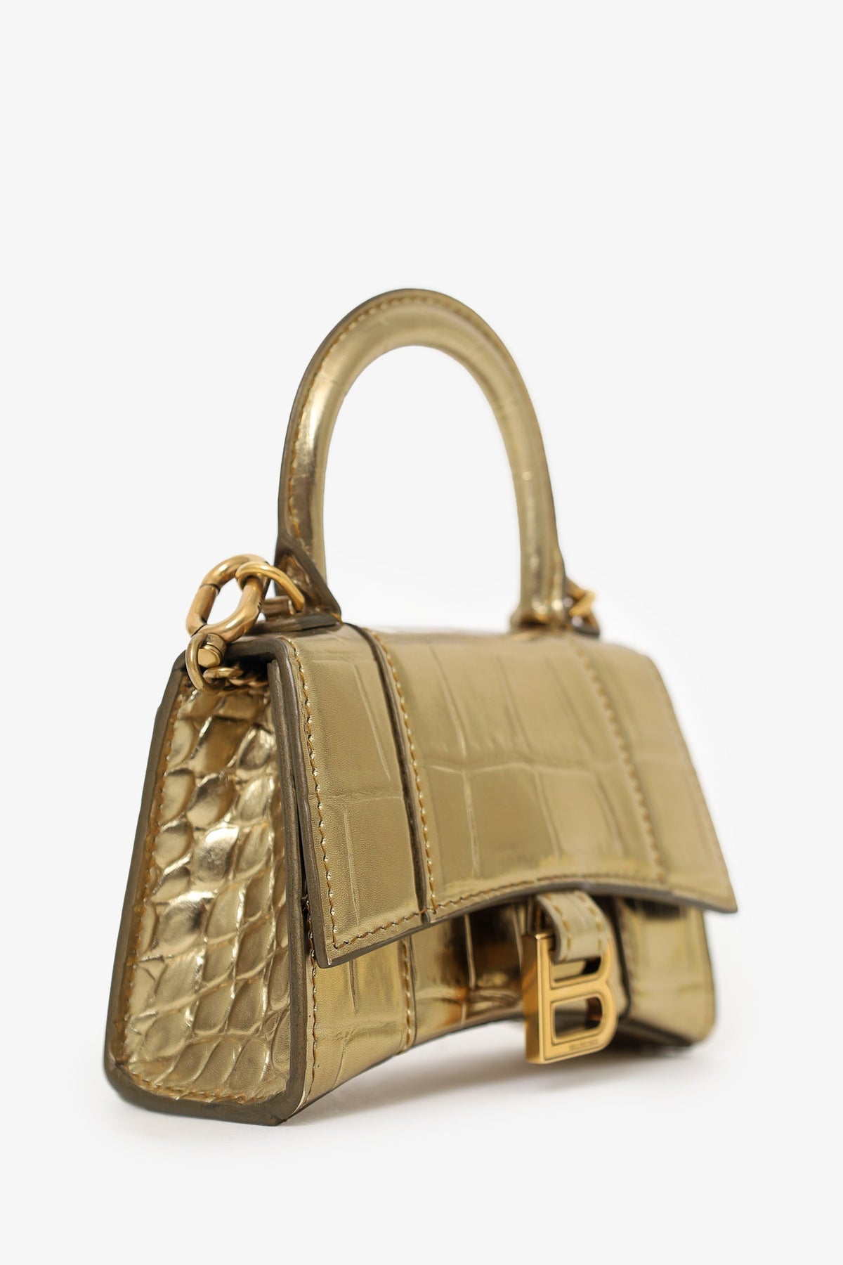 Balenciaga Gold Croc Embossed Leather Hourglass Nano Chain Bag
