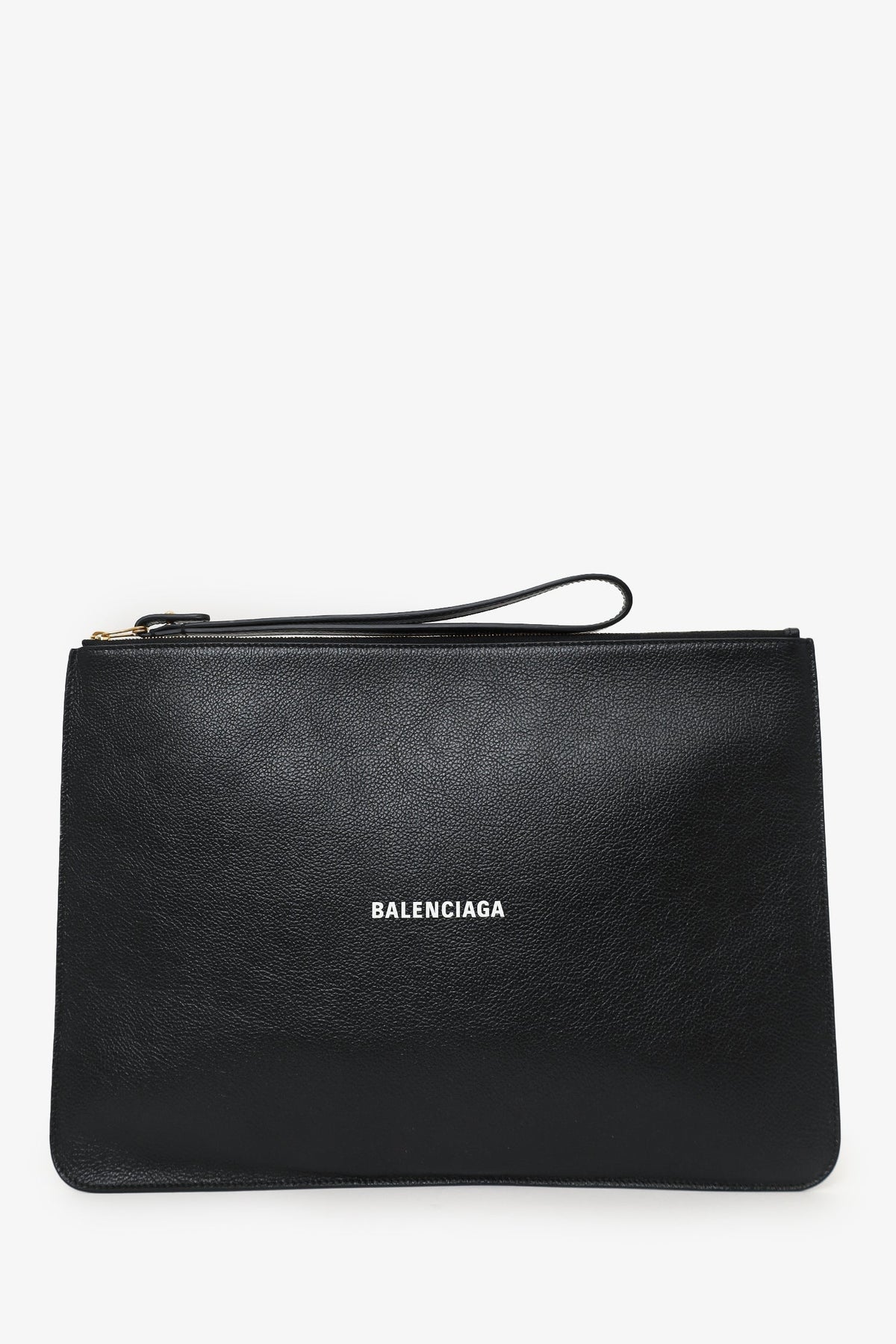 Balenciaga Black Leather Logo Print Large Pouch