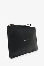 Balenciaga Black Leather Logo Print Large Pouch