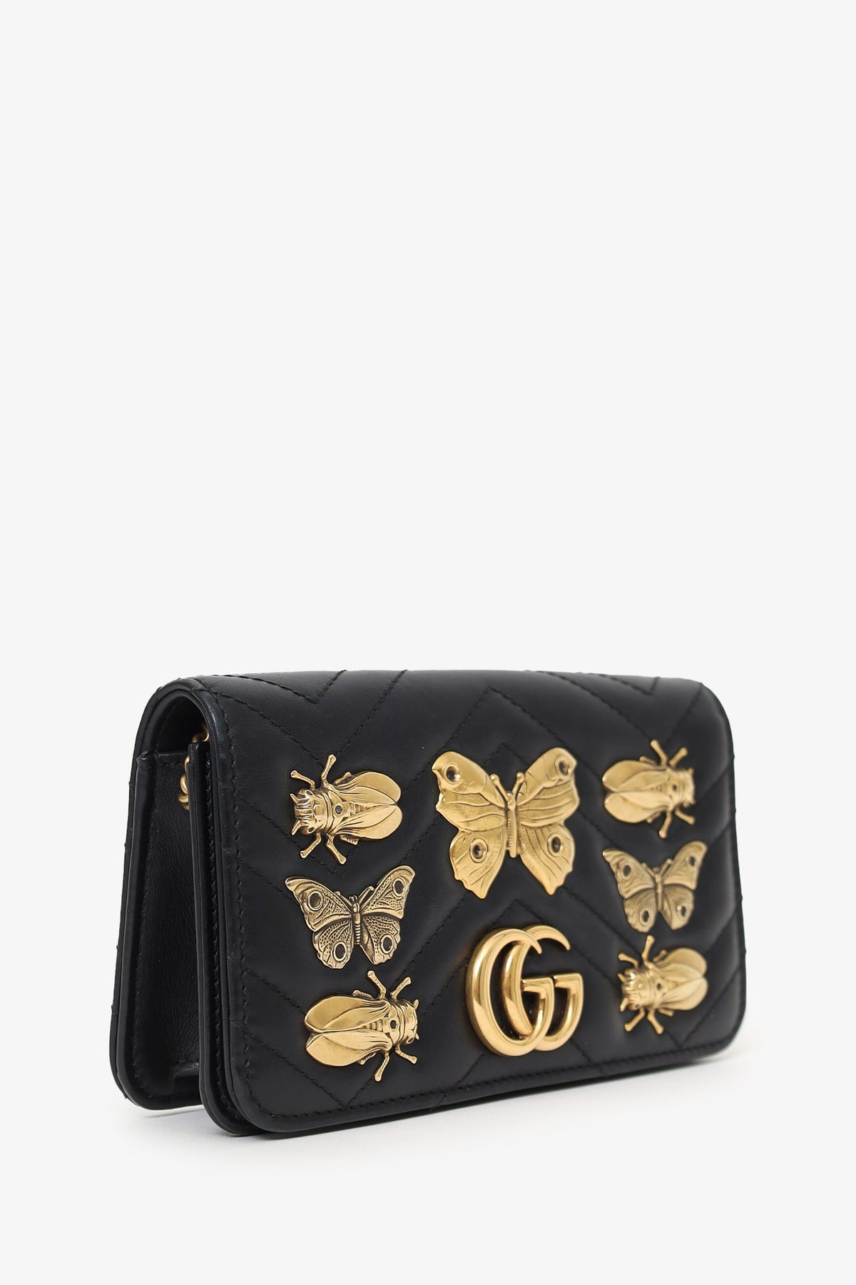 Gucci Black Leather Mini GG Marmont Animal Studs Wallet on Chain