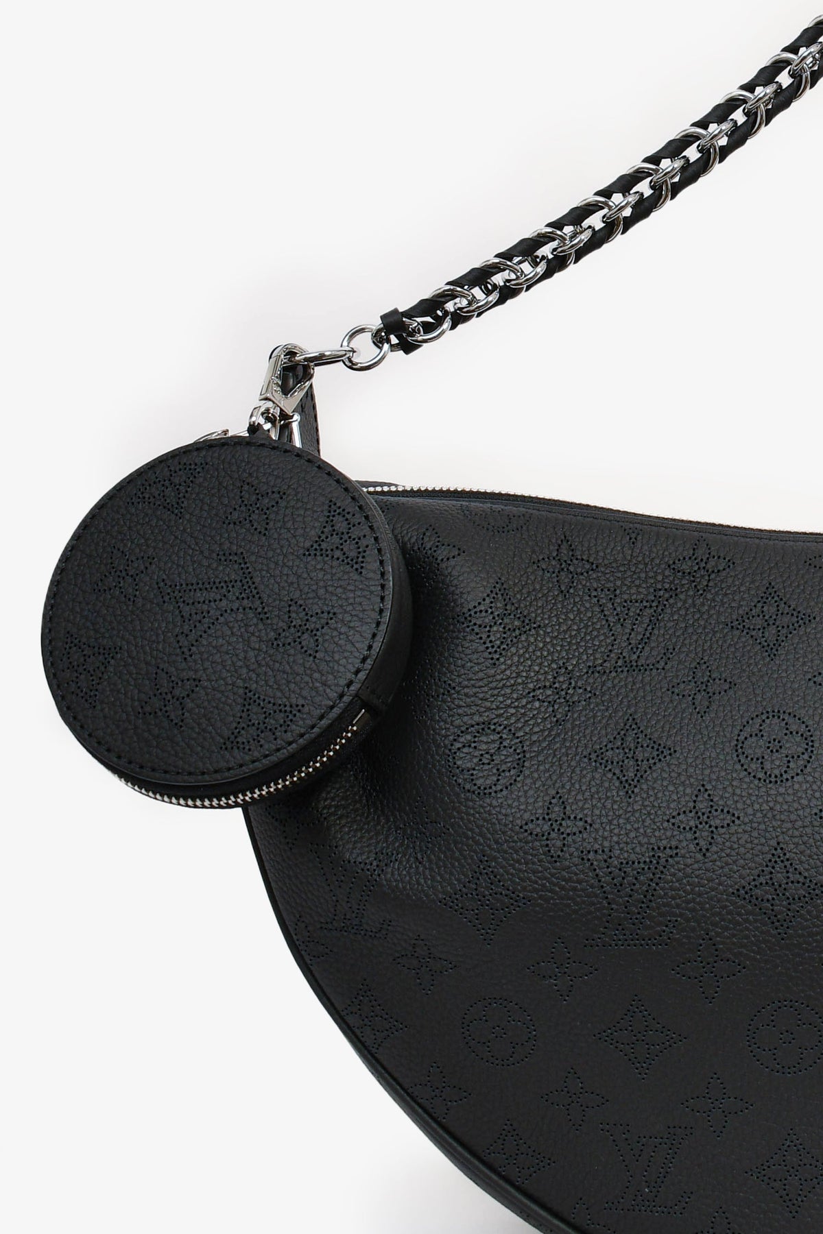 Louis Vuitton Black Mahina Leather Monogram 'Baia' Chain Shoulder Bag with Strap + Coin Pouch
