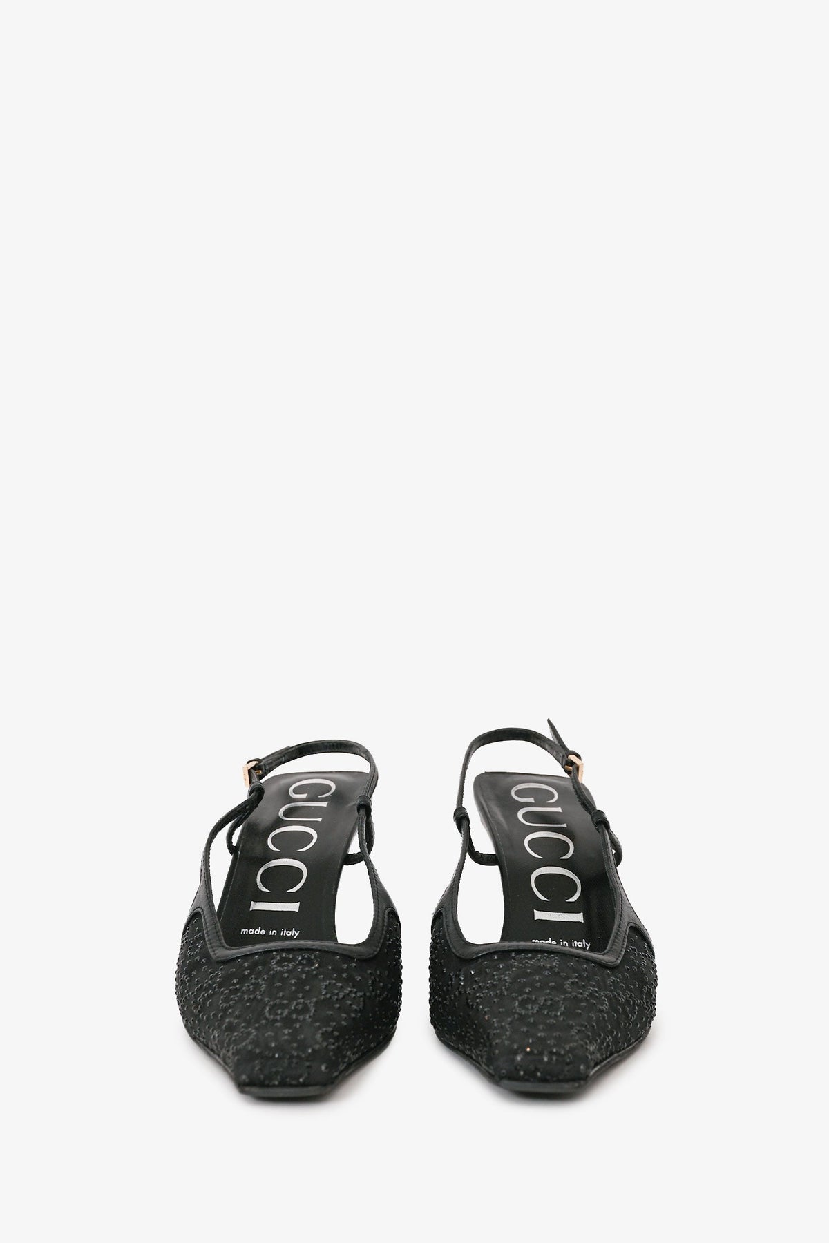 Gucci Black GG Logo Mesh Crystal Embellishments Slingback Pumps Size 37