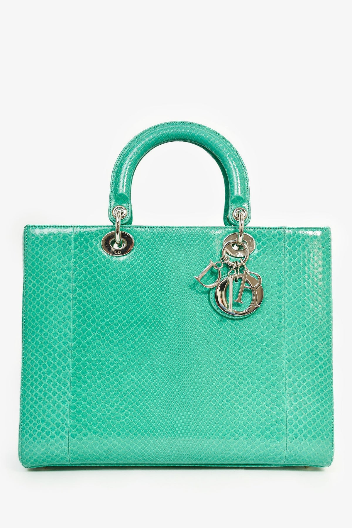 Christian Dior 2014 Teal Patent Python Large Lady Dior Top Handle with Strap