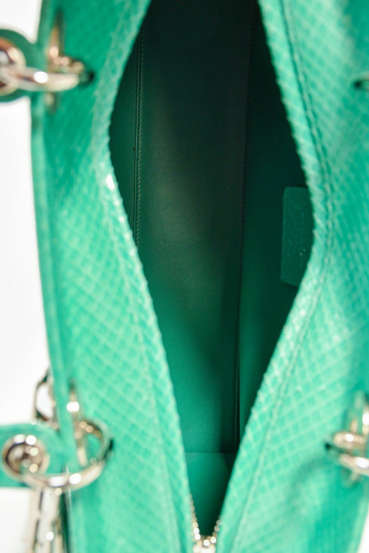 Christian Dior 2014 Teal Patent Python Large Lady Dior Top Handle with Strap