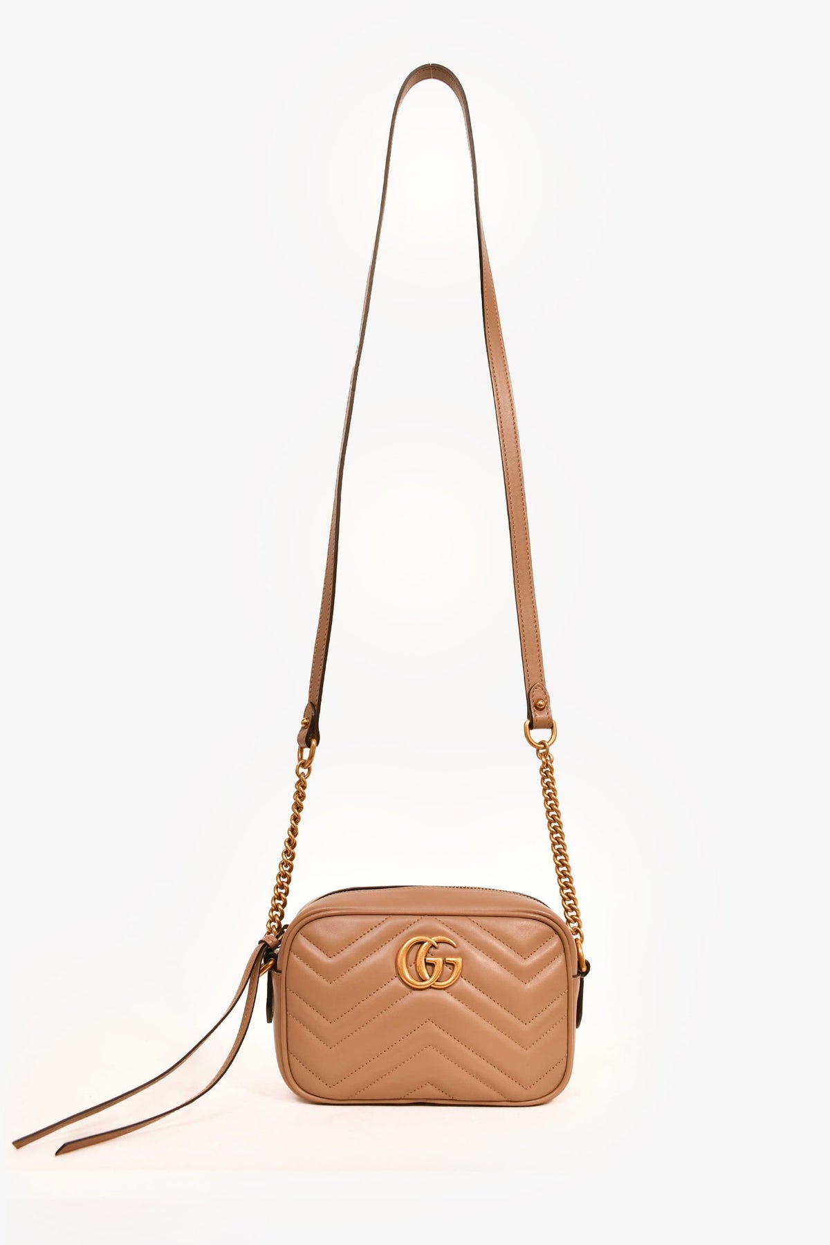 Gucci Beige GG Quilted Chevron Leather Marmont Mini Camera Bag