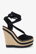 Gucci Black Suede Espadrille Wedge Lace Up Heels Size 37