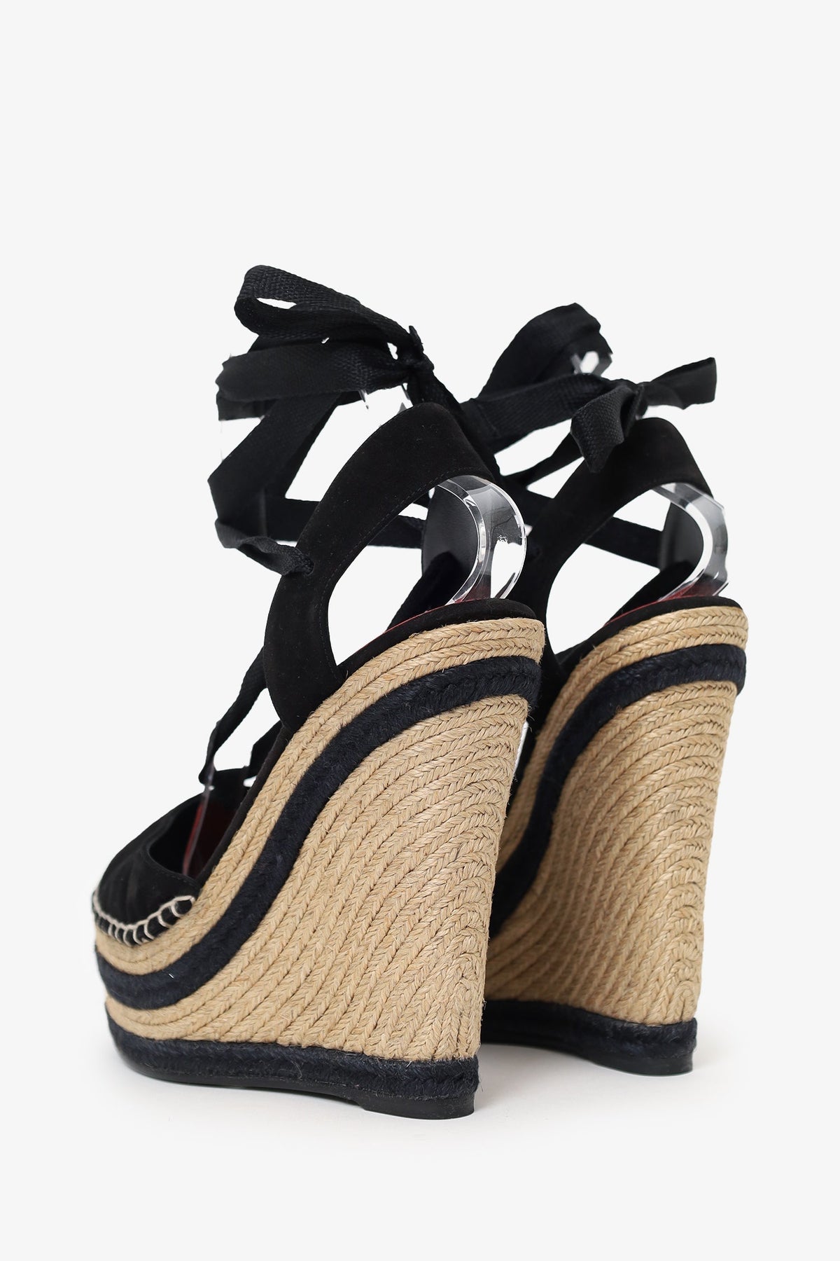 Gucci Black Suede Espadrille Wedge Lace Up Heels Size 37