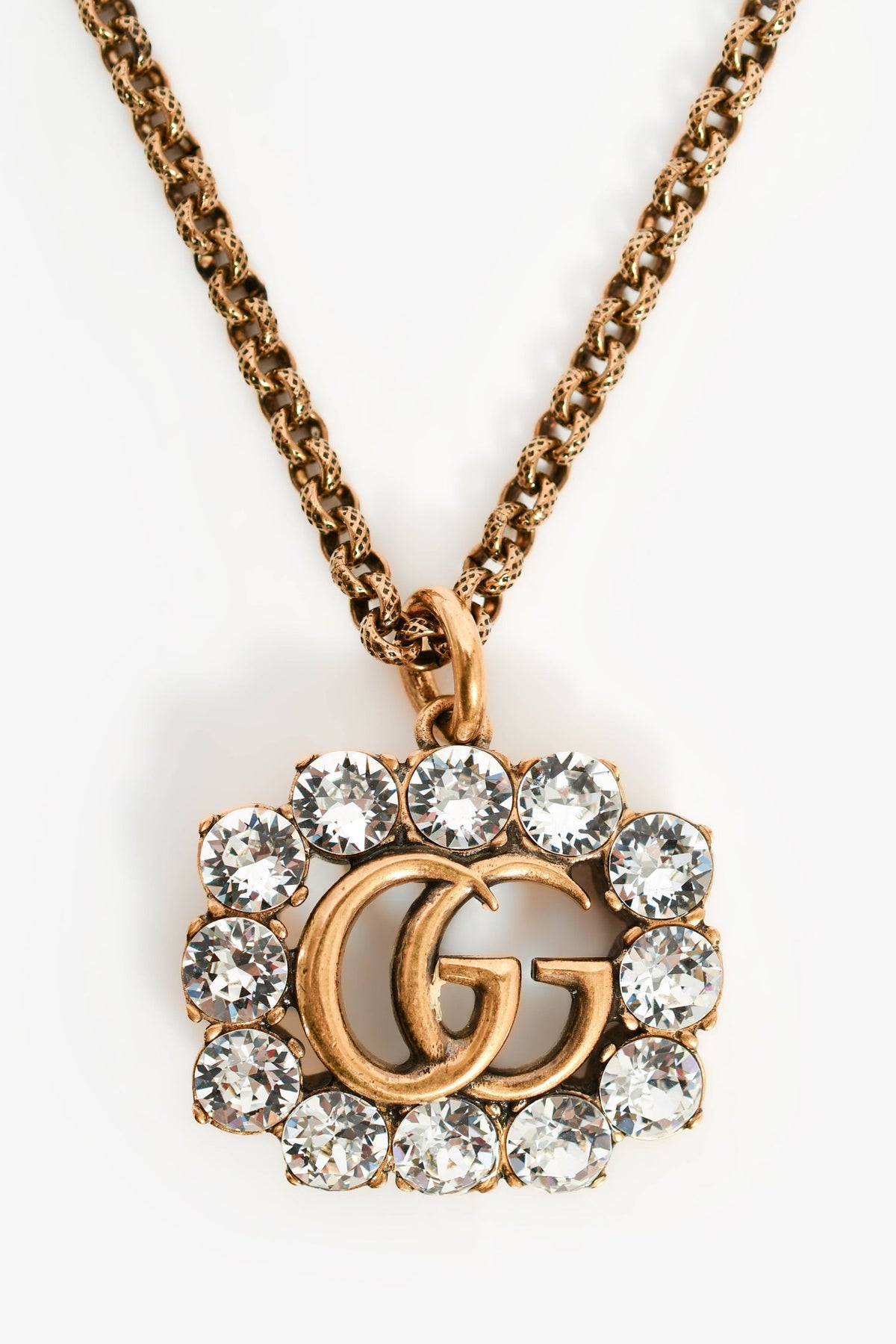 Gucci Aged Gold Toned Crystal GG Necklace