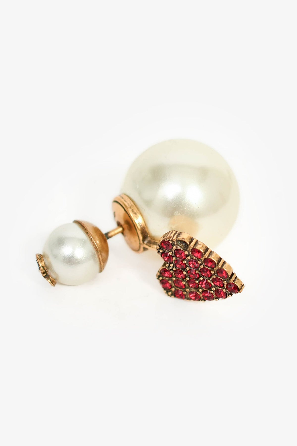 Christian Dior Faux Pearl Single Tribale Earring with Red Crystal Heart