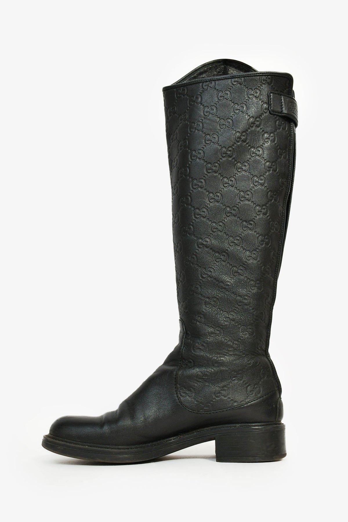 Gucci Black Monogram Leather Riding Boots Size 35.5