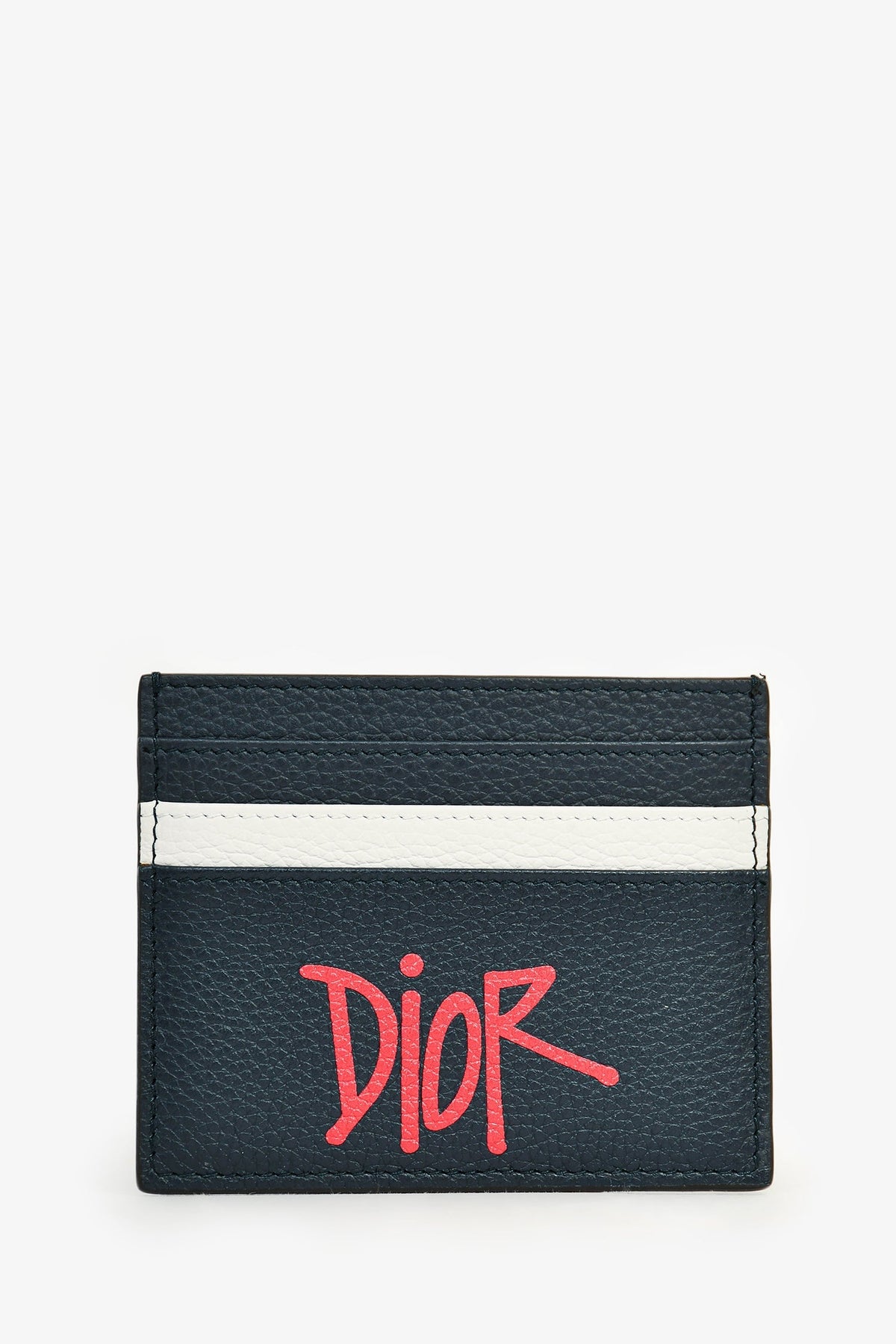 Christian Dior x Shawn Stussy 2020 Navy Blue Grained Leather Logo Bull Card Holder