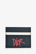 Christian Dior x Shawn Stussy 2020 Navy Blue Grained Leather Logo Bull Card Holder