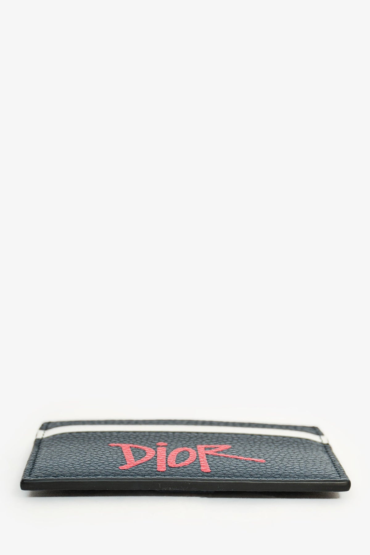 Christian Dior x Shawn Stussy 2020 Navy Blue Grained Leather Logo Bull Card Holder