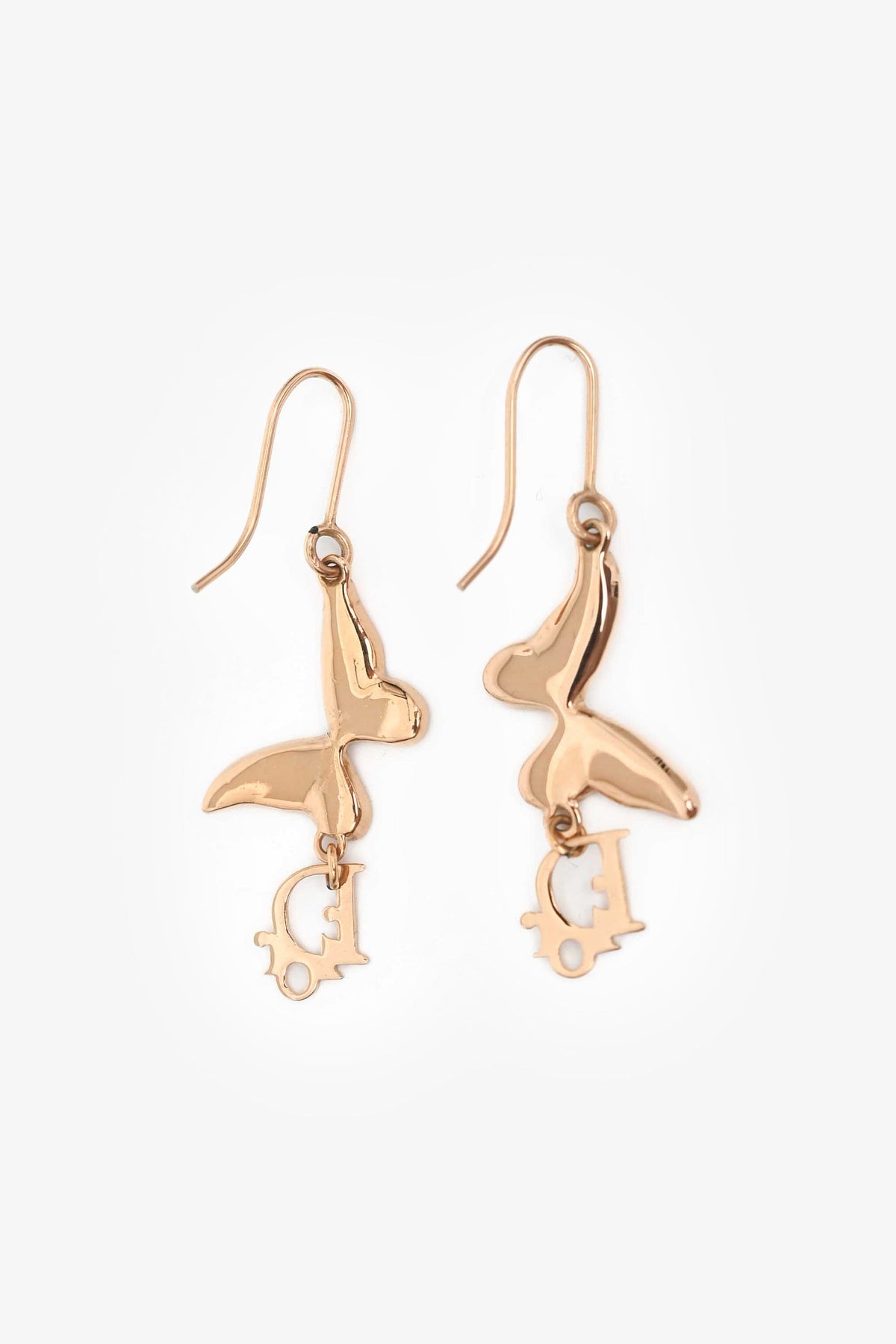 Christian Dior Gold Tone Metal Butterfly Logo Ear Pendants