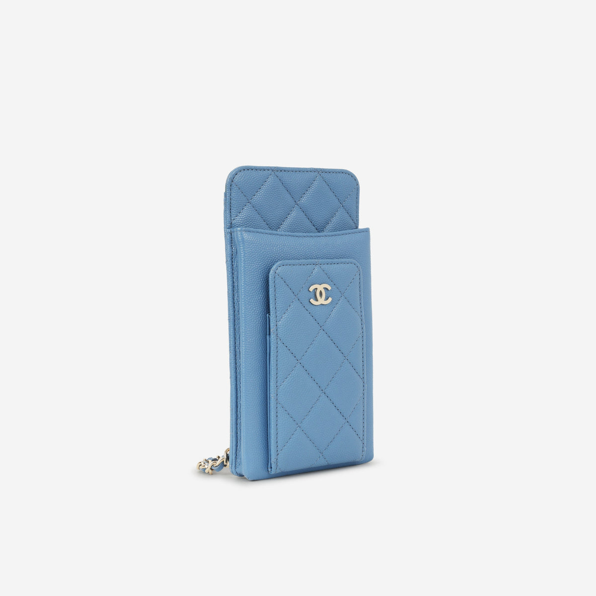 Chanel CC Phone Holder -Blue Caviar | Champagne Gold Hardware