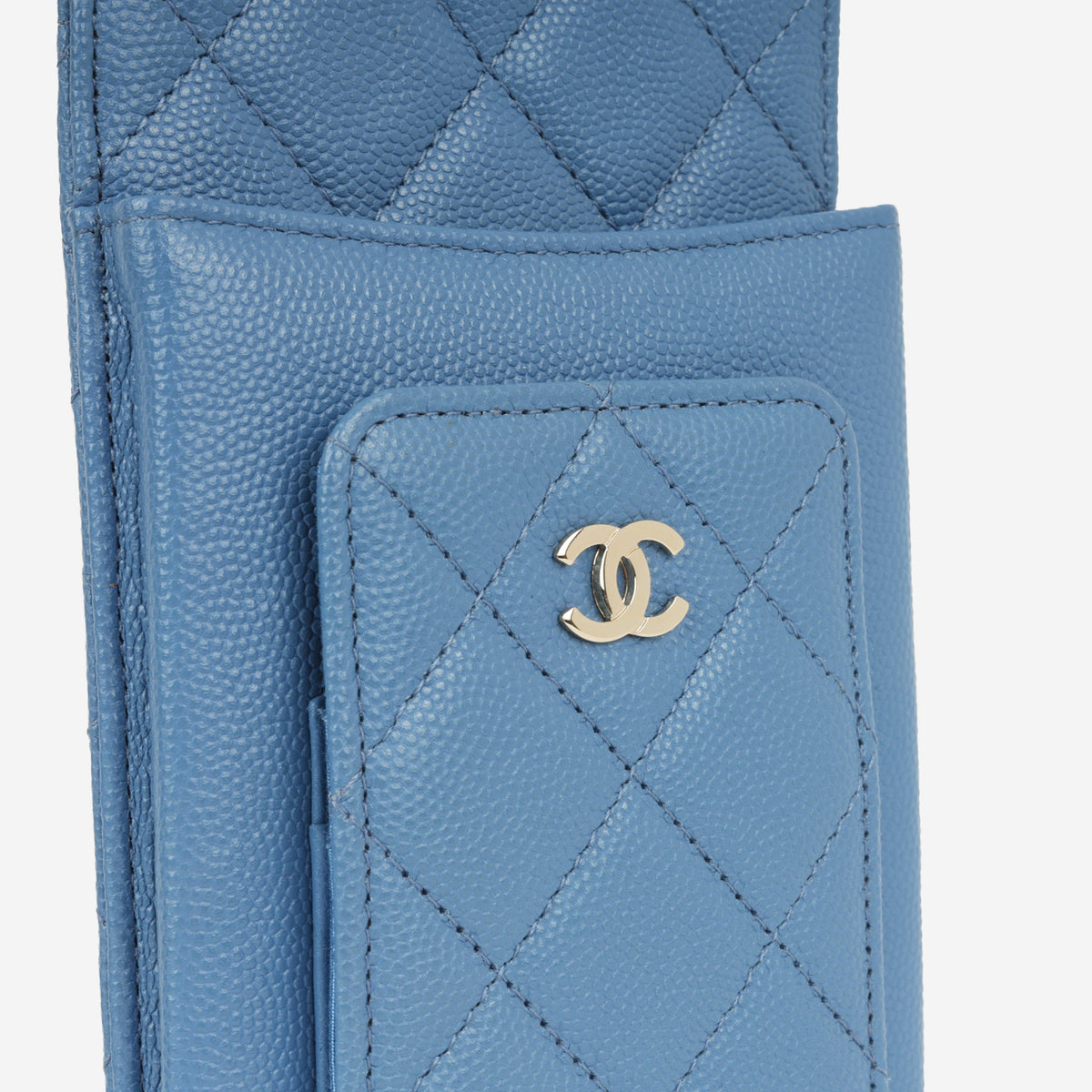 Chanel CC Phone Holder -Blue Caviar | Champagne Gold Hardware