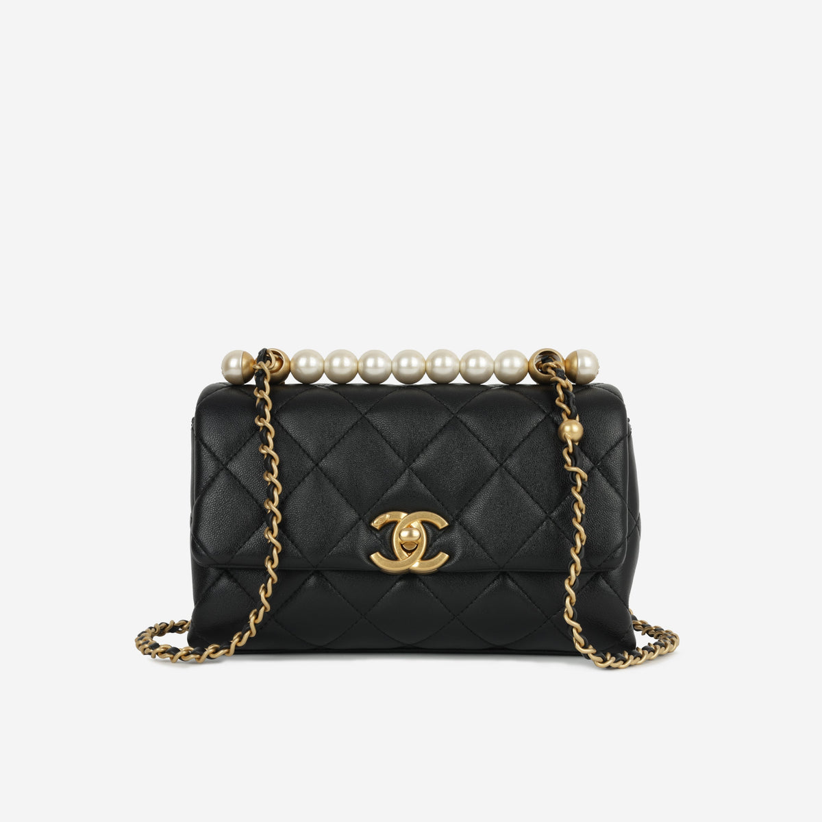 Chanel Mini Rectangular with Pearl Top Handle - Black Lambskin | Aged Gold Hardware
