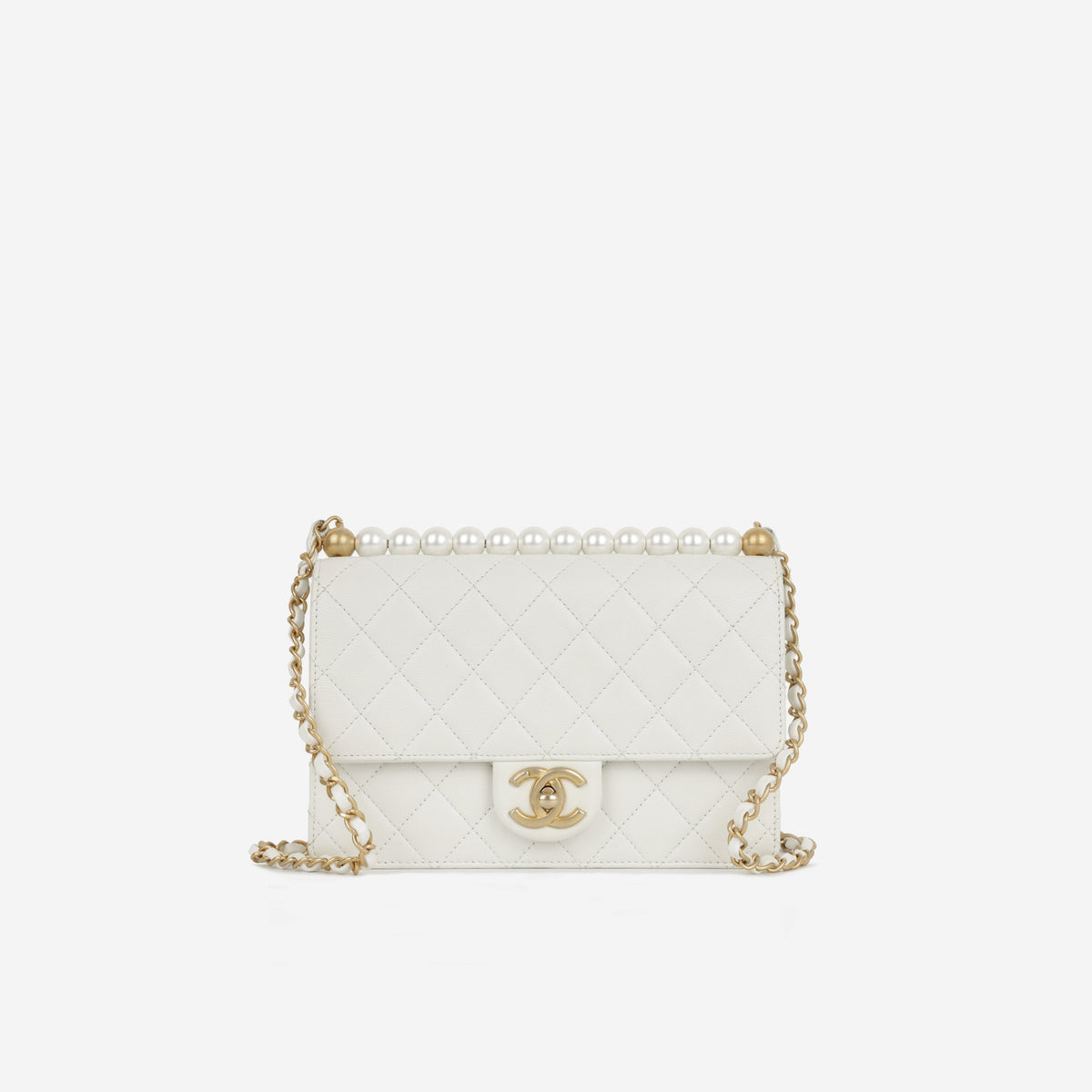Chanel Medium Vertical Pearl Flap - White Calfskin | Antique Gold Hardware