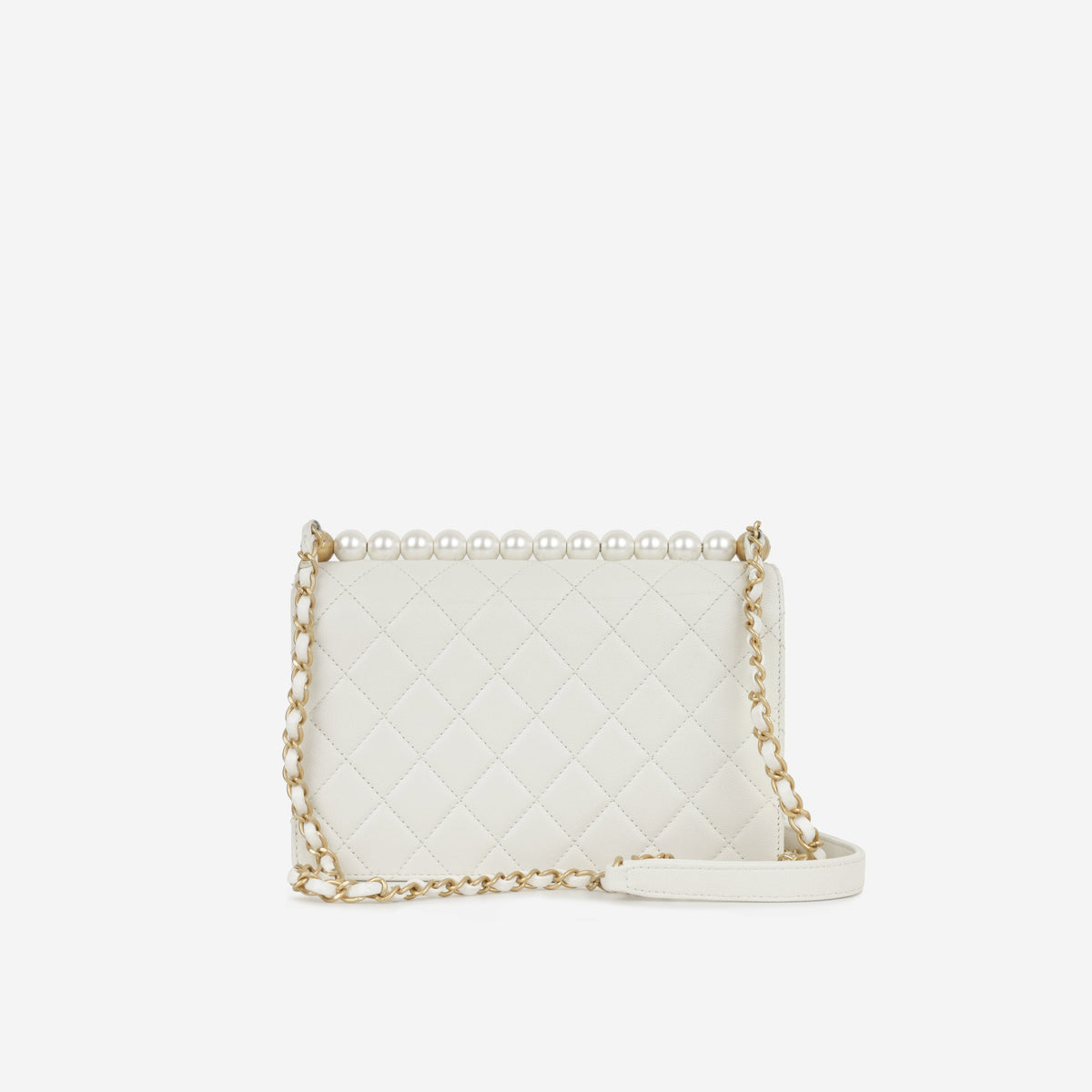 Chanel Medium Vertical Pearl Flap - White Calfskin | Antique Gold Hardware