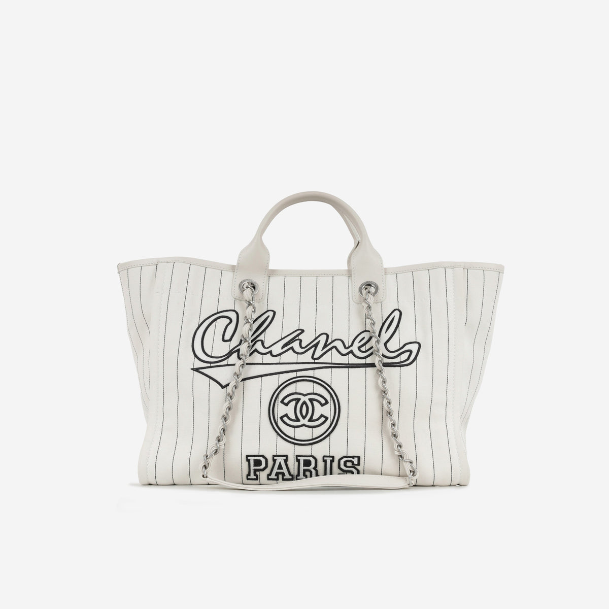Chanel Large Deauville - White Canvas / Black Stripes | Silver Hardware