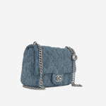 Chanel Mini Camellia Heart Crush - Blue Embroidered Denim | Silver Hardware
