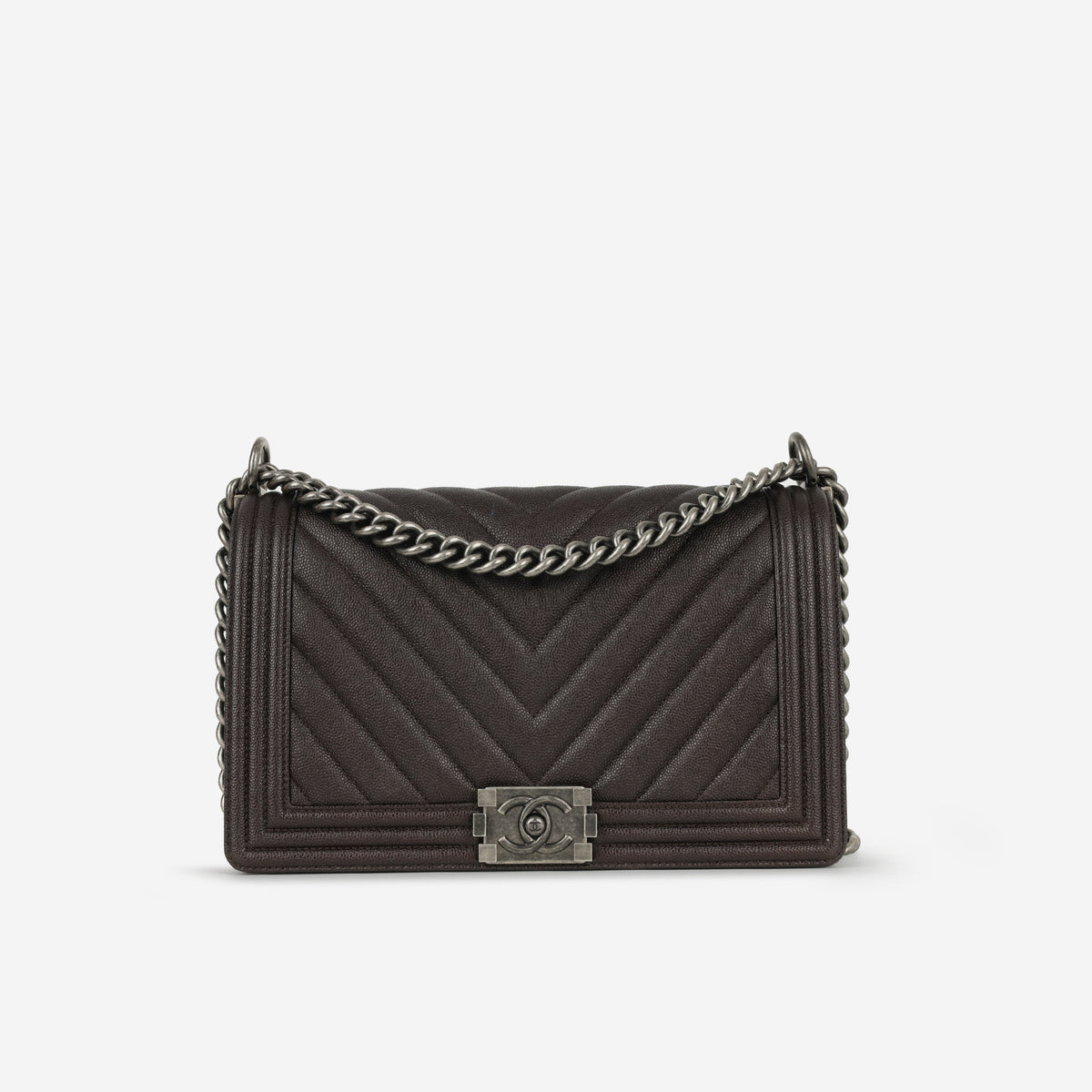 Chanel New Medium Boy Bag - Dark Brown Chevron | Ruthenium Hardware