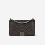 Chanel New Medium Boy Bag - Dark Brown Chevron | Ruthenium Hardware