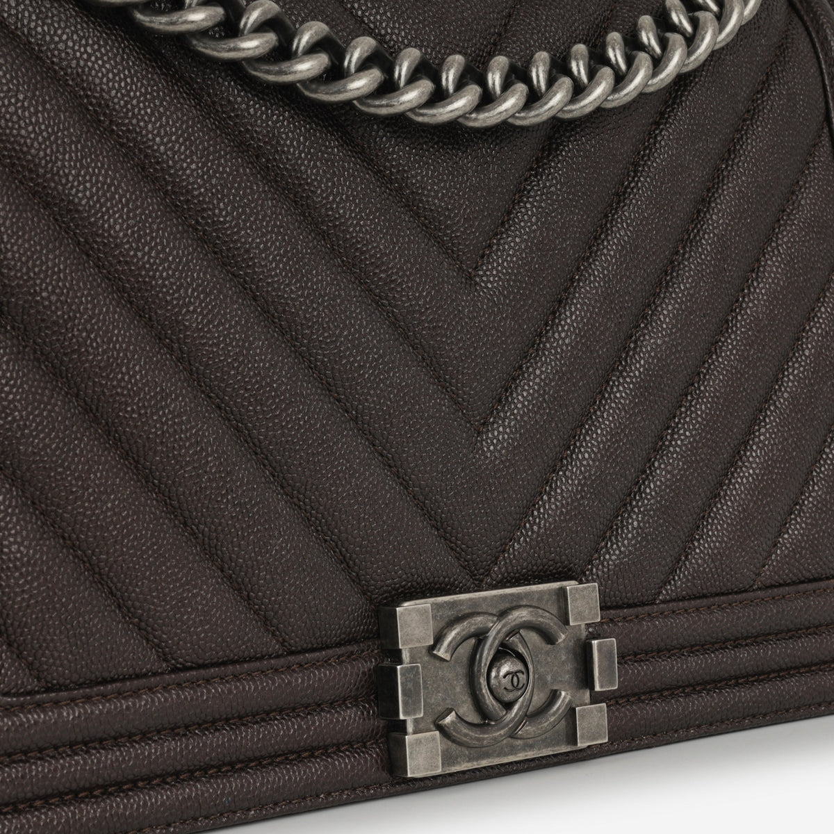Chanel New Medium Boy Bag - Dark Brown Chevron | Ruthenium Hardware