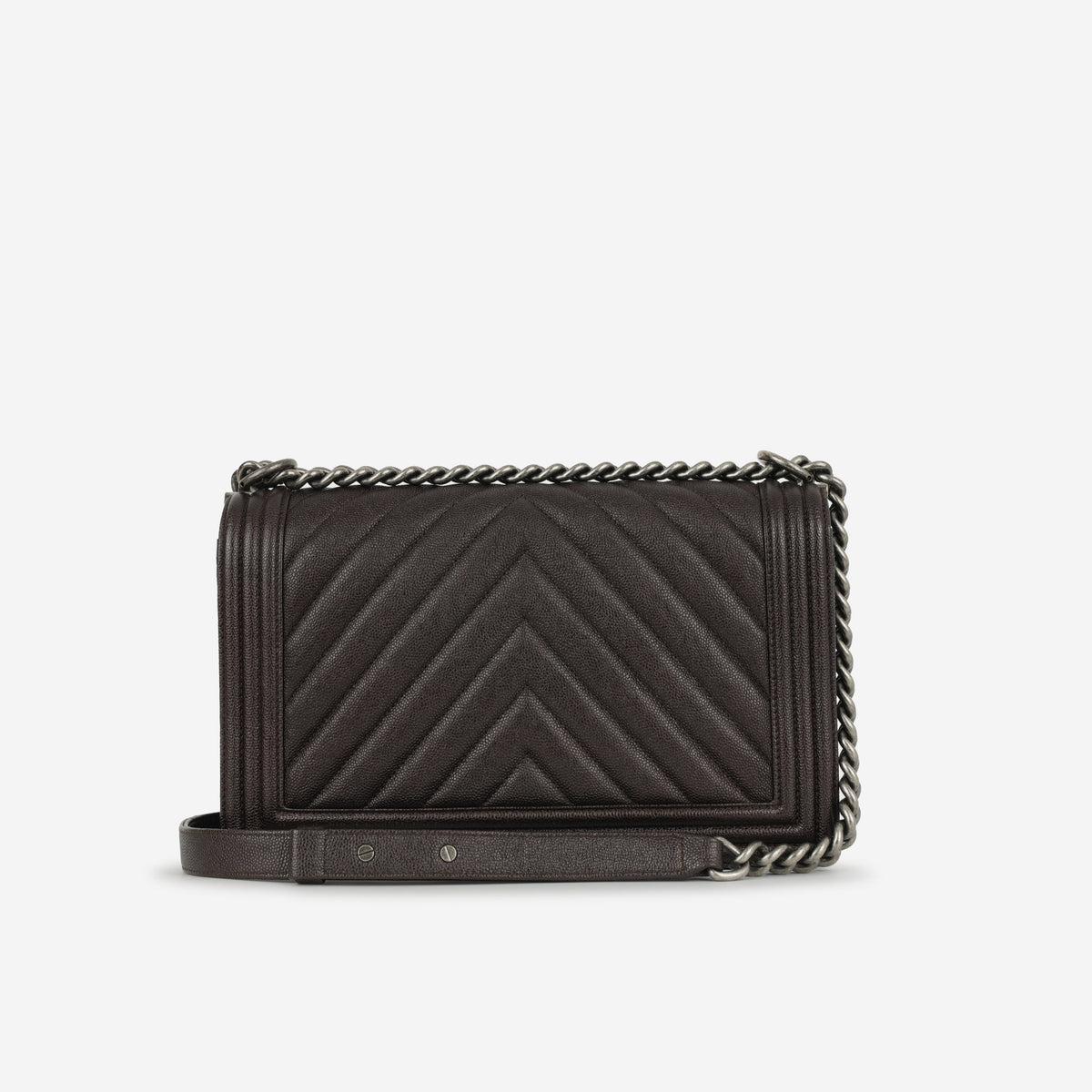 Chanel New Medium Boy Bag - Dark Brown Chevron | Ruthenium Hardware