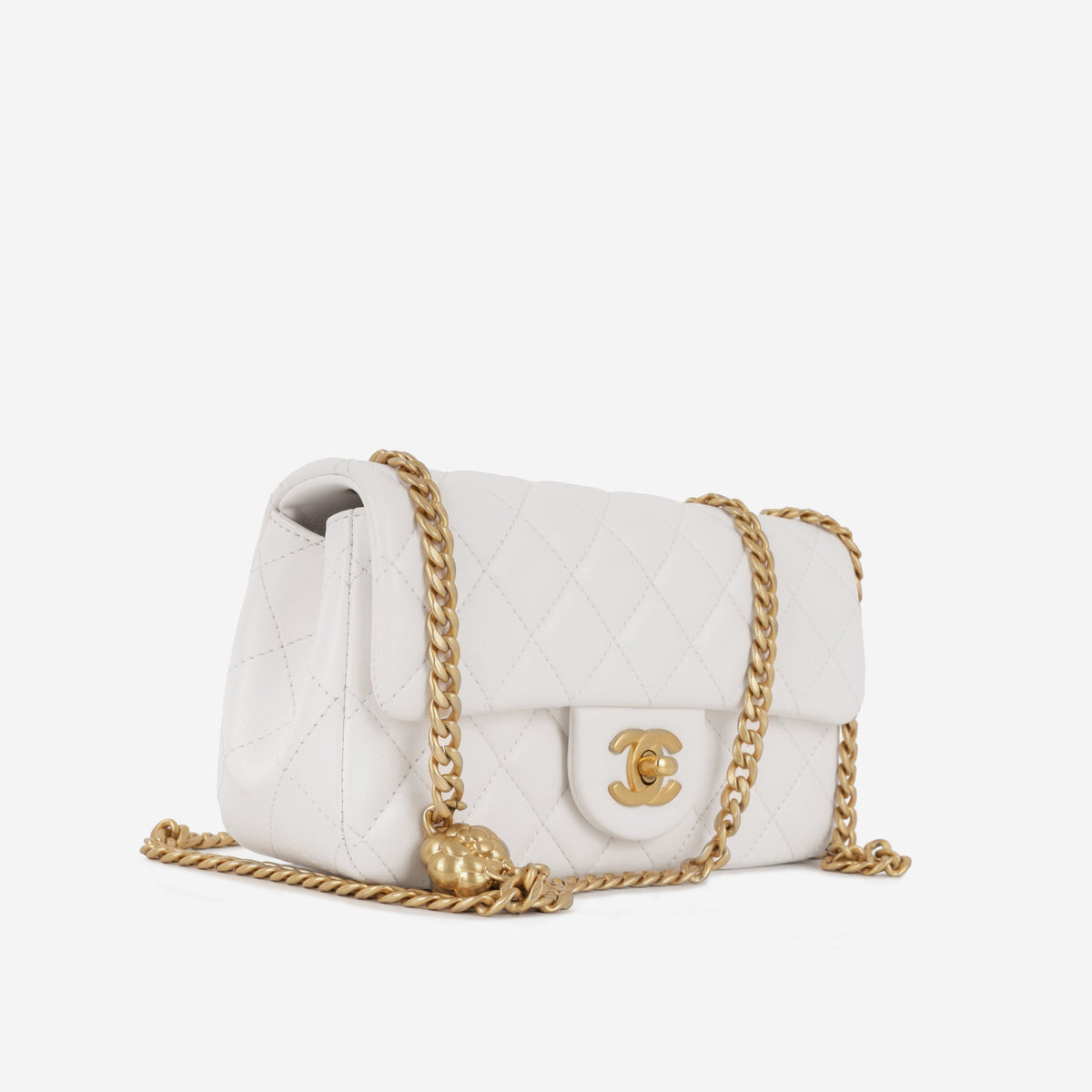 Chanel Mini Rectangular Camellia Crush - White Lambskin | Antique gold Hardware