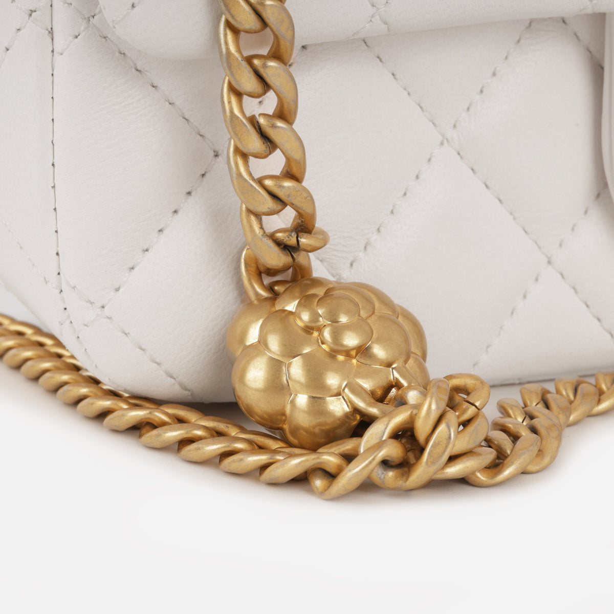 Chanel Mini Rectangular Camellia Crush - White Lambskin | Antique gold Hardware