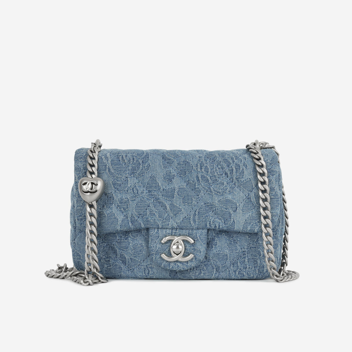 Chanel Mini Rectangular Camellia Crush - Blue Embroidered Denim | Silver Hardware