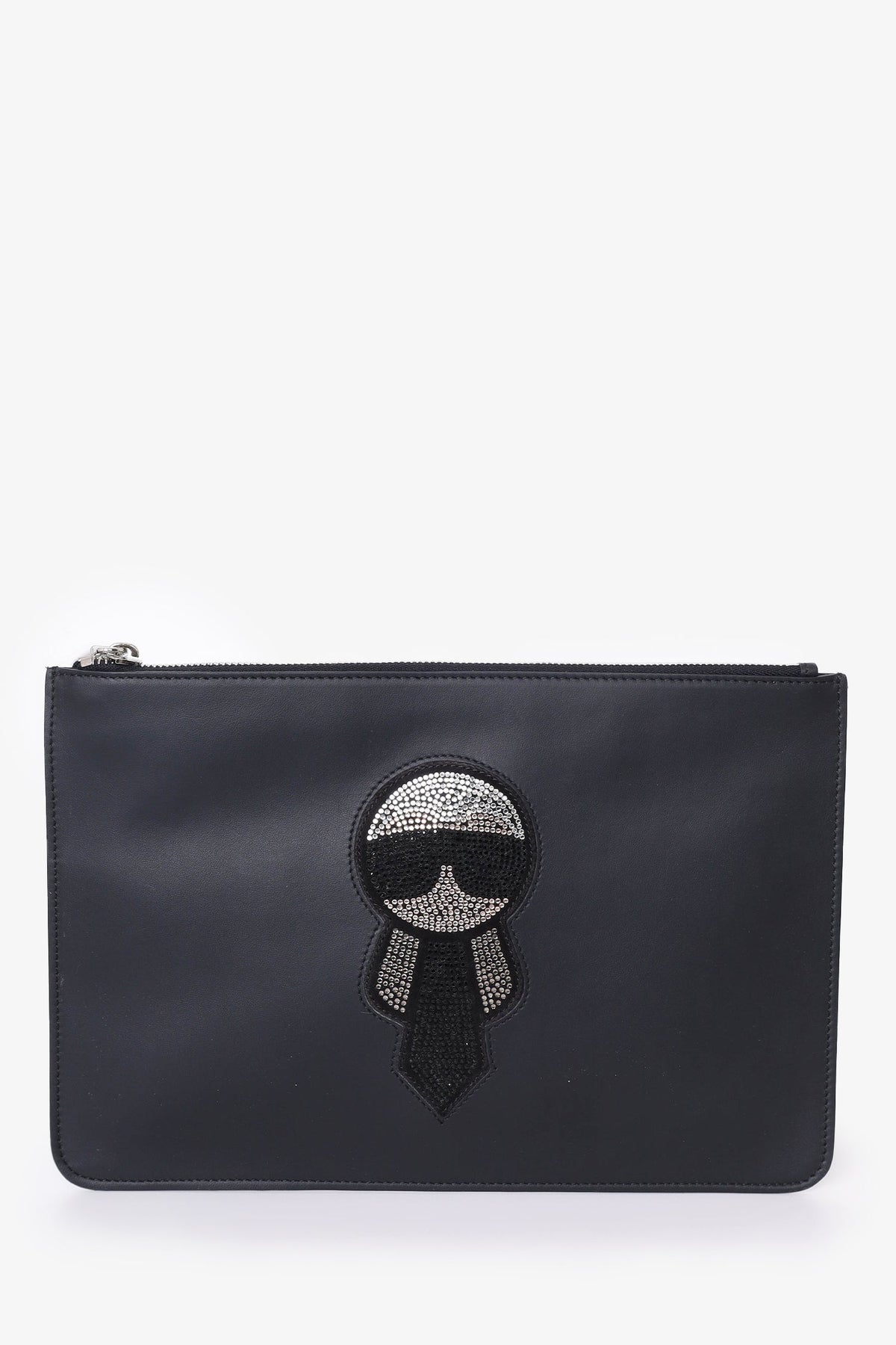 Fendi Black Calfskin CrystalEmbroidery Karlito Zip Pouch