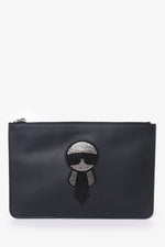 Fendi Black Calfskin CrystalEmbroidery Karlito Zip Pouch