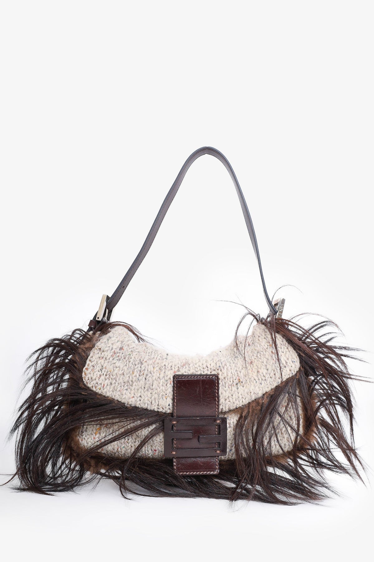 Fendi Brown/Beige Goat Hair-Trimmed Knit Baguette