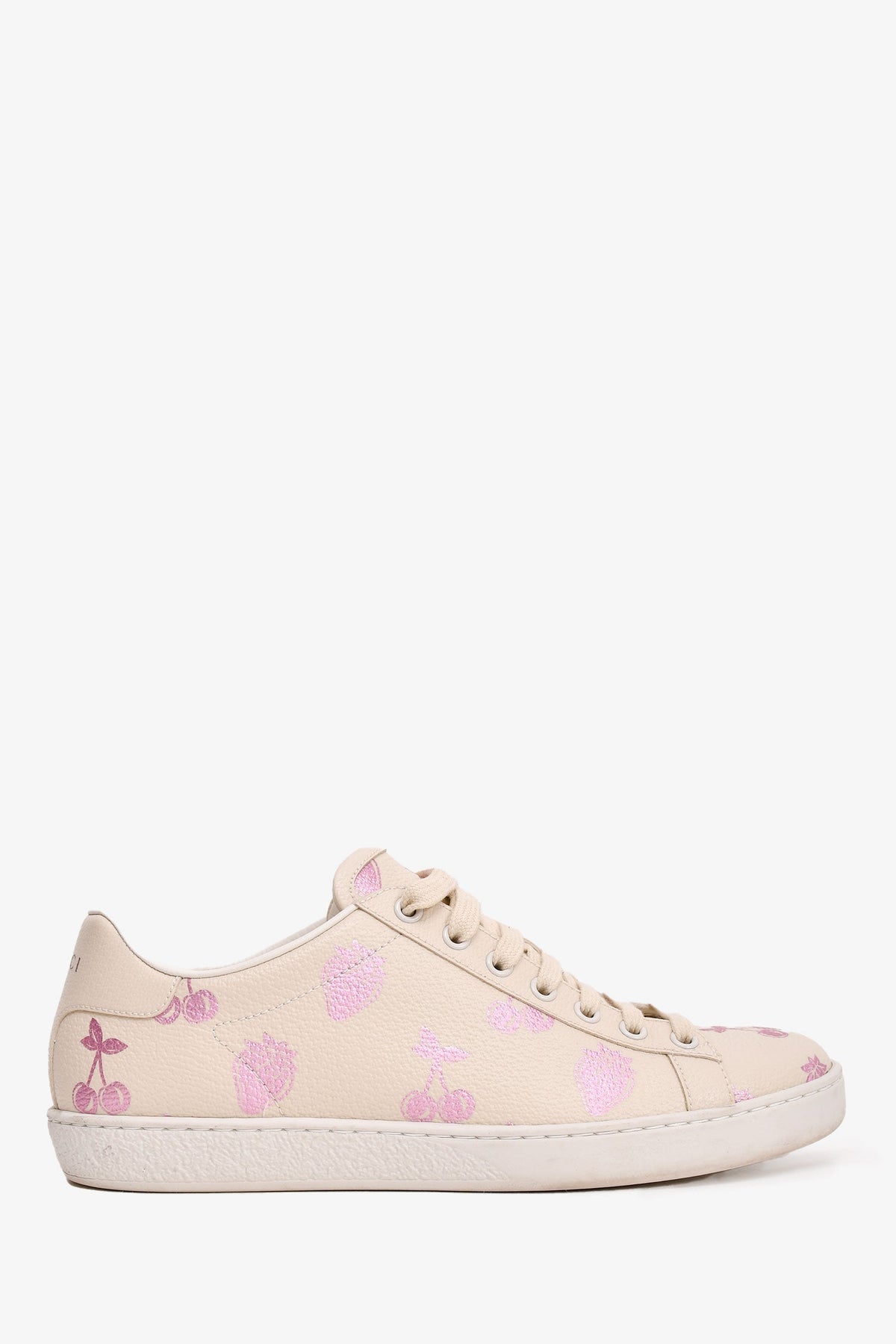 Gucci Beige Leather Pink Metallic Strawberry Printed Sneakers Size 37.5