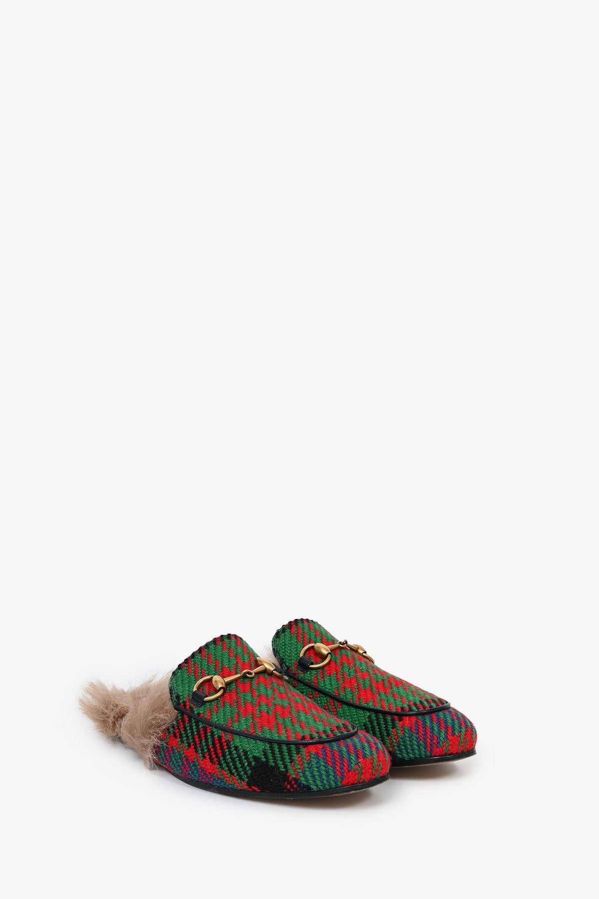 Gucci Red/Green Houndstooth Fur Lined Princetown Slides Size 6 Mens